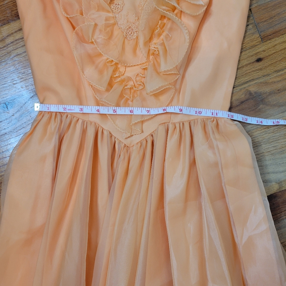 Vintage 1970s Full-length Prom Dress Peach Ruffles Long Flowy Chiffon Formal - Picture 12 of 16